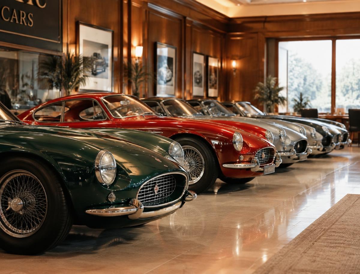 Dealer showroom with a row of classic cars